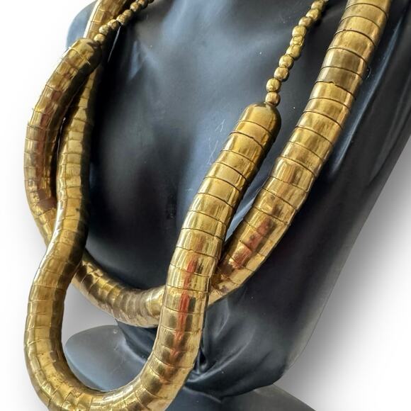 Vintage Jewelry - Vintage Shiny Indian Brass Coil Necklace 134g Tribal Snake Style 24” Segmented